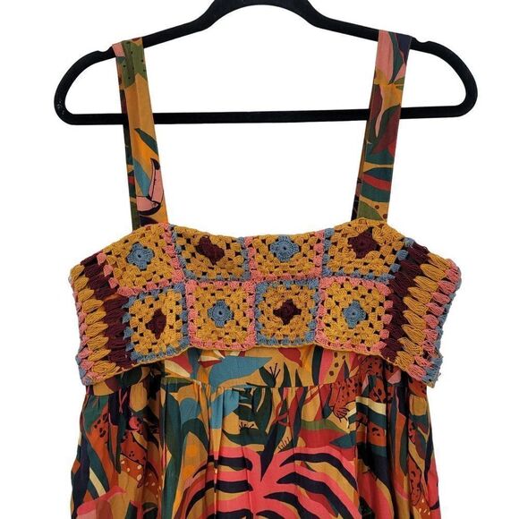 Farm Rio Anthropologie Dress Crochet Tiered Ruffle Midi Colorful Tiger Tropic L - Picture 8 of 16